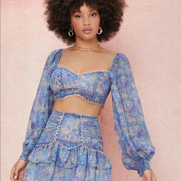 Floral Lantern Sleeve Top X Small Bandeau Crop Bustier Puffy Balloon Sleeve - Picture 5 of 11